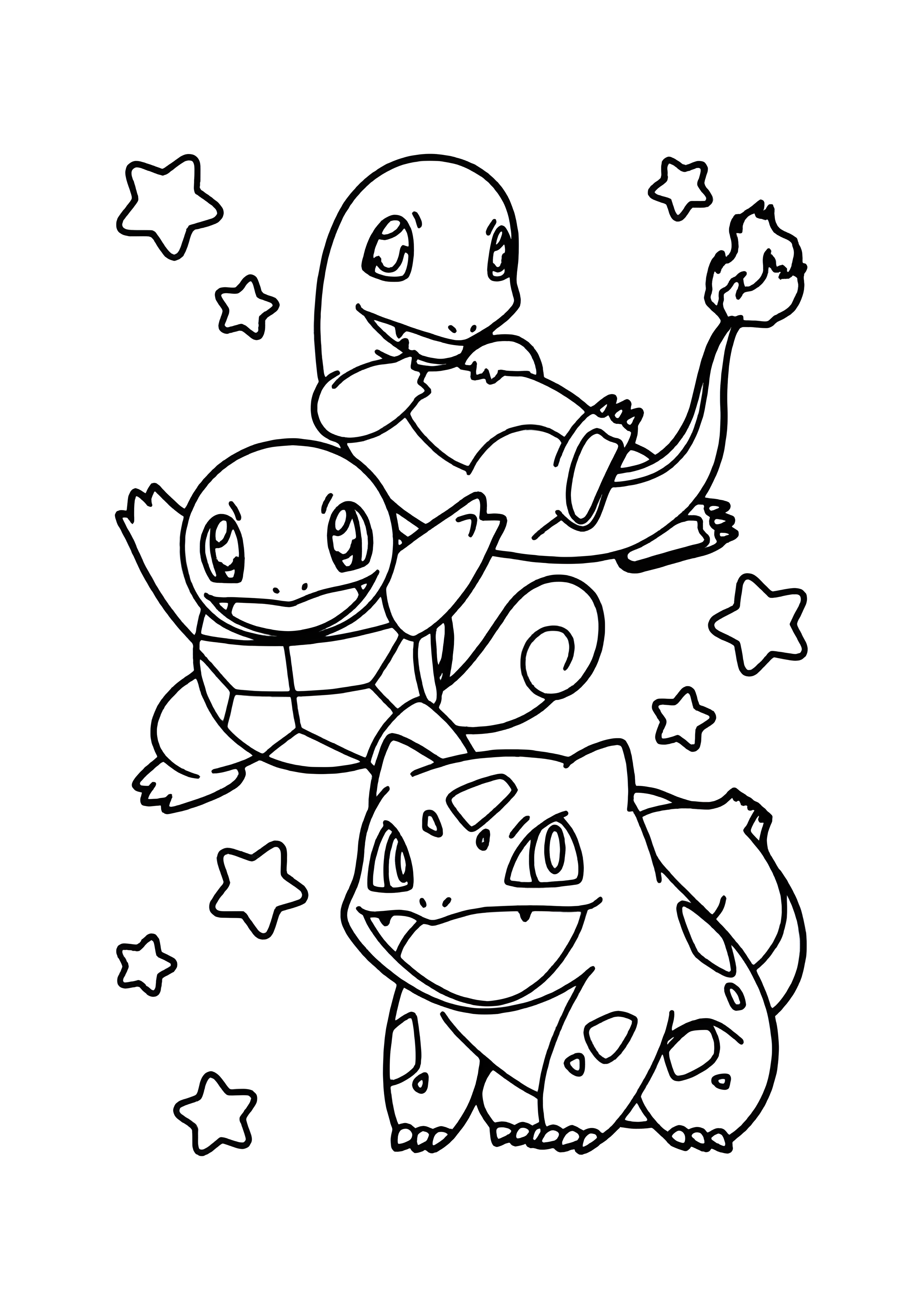 Tegning til farvelægning: Charmander, Squirtle og Bulbasaur sammen mellem stjerner