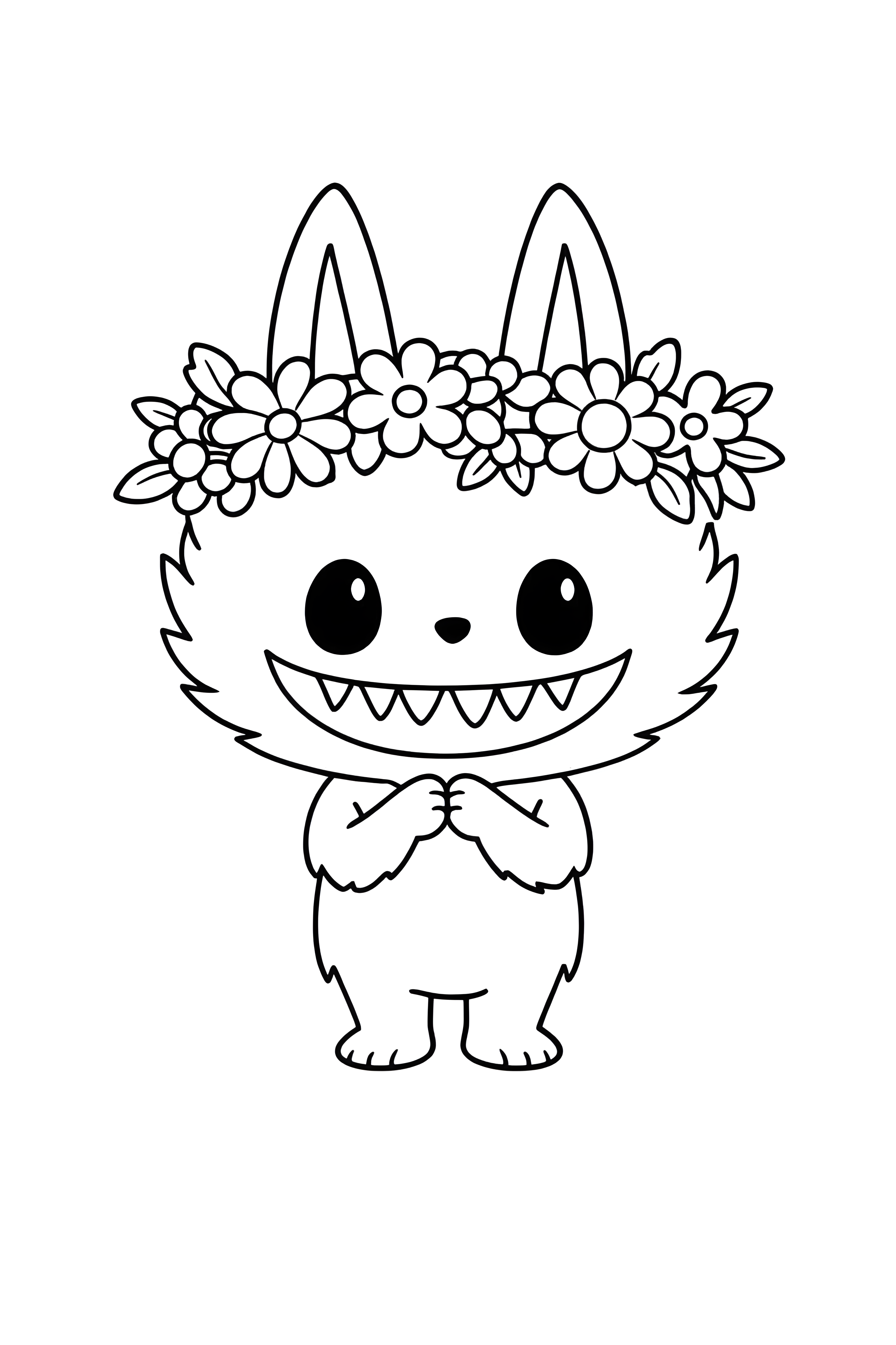 Tegning til farvelægning: Labubu står med hænderne samlet under hagen og en blomsterkrans med høje, spidse ører.