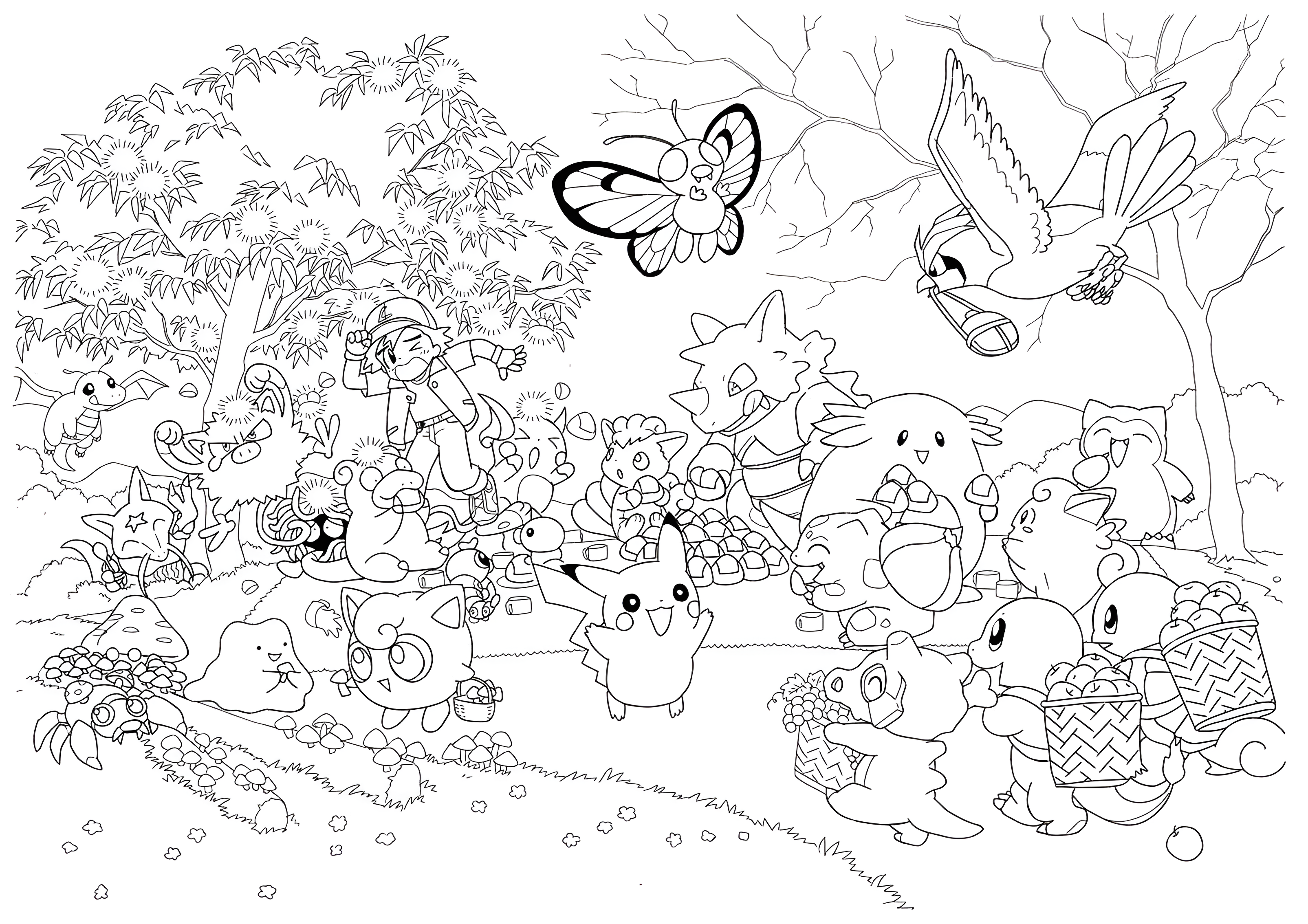Tegning til farvelægning: Pikachu og mange Pokémon-venner i skoven med kurve fulde af frugt