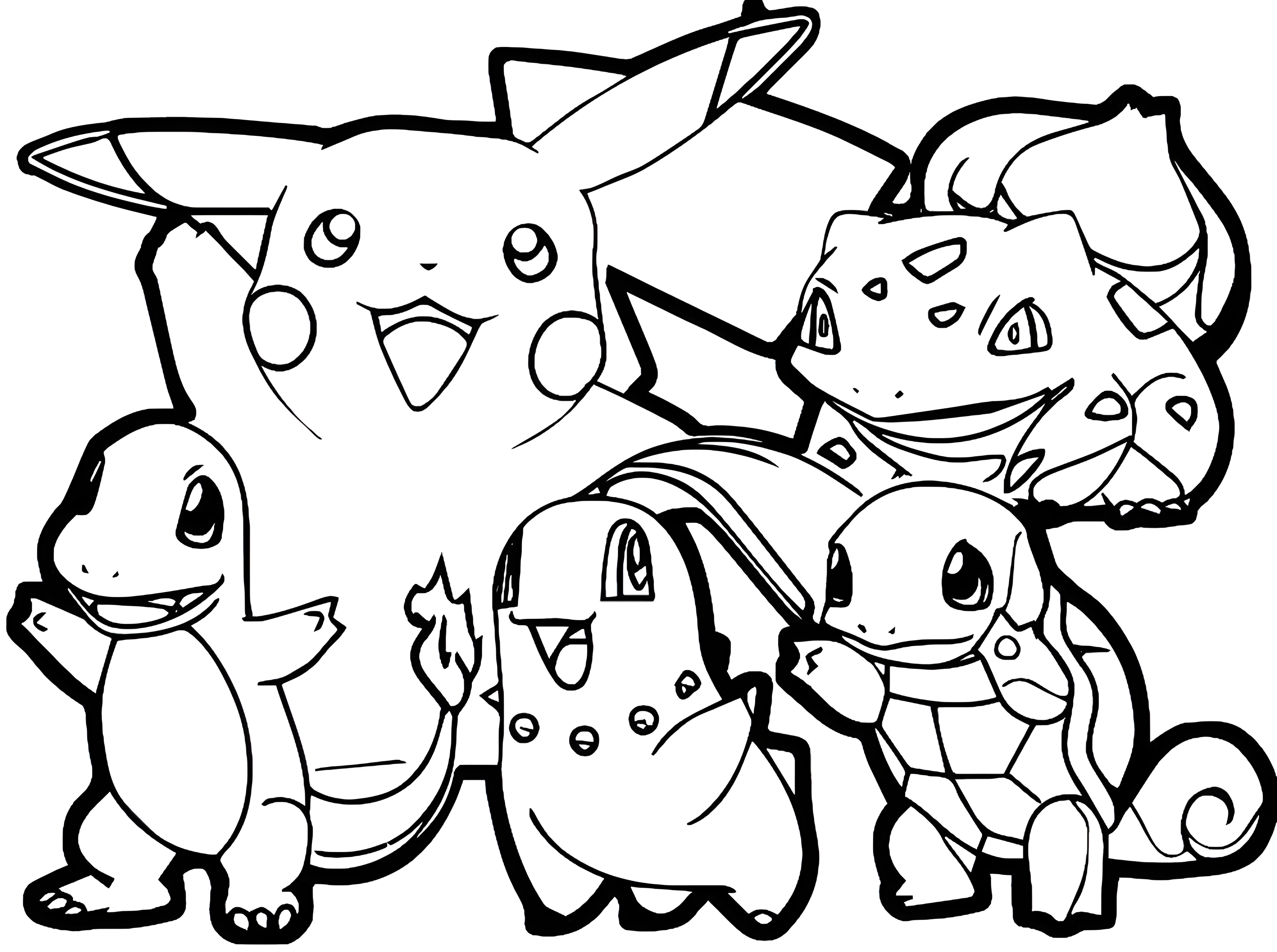 Tegning til farvelægning: Pikachu, Charmander, Squirtle, Bulbasaur og Cyndaquil står samlet og smiler