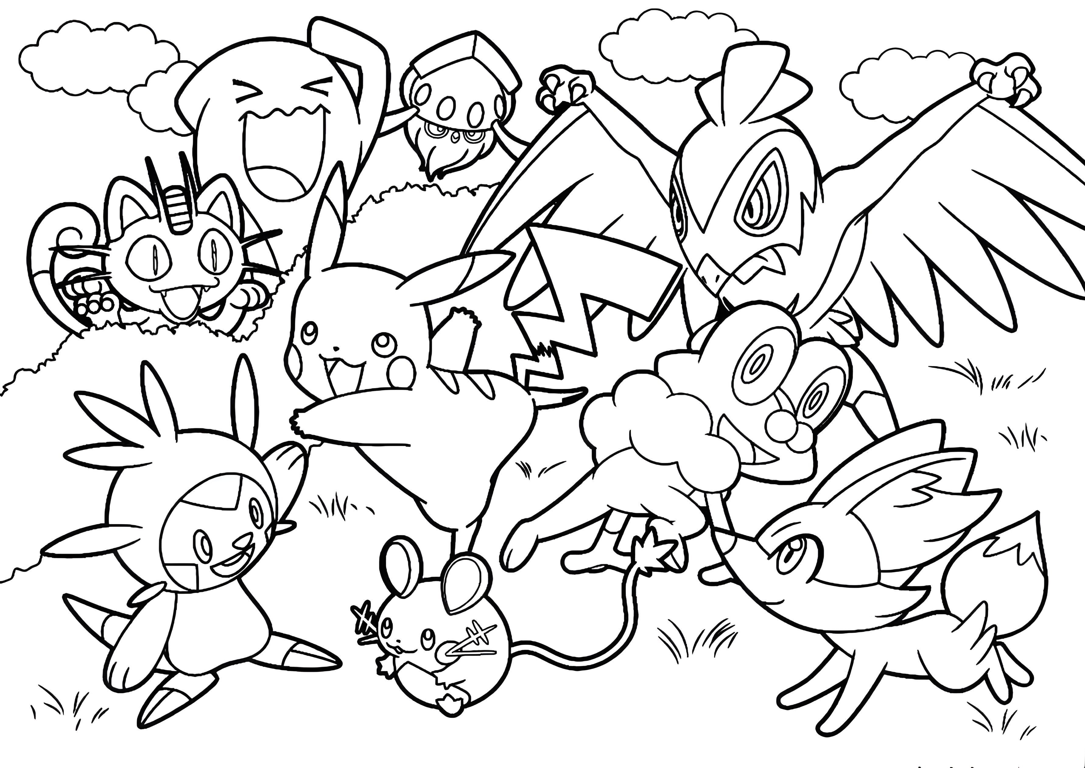 Tegning til farvelægning: Pikachu, Meowth, Oshawott, Tepig og Snivy på en eng