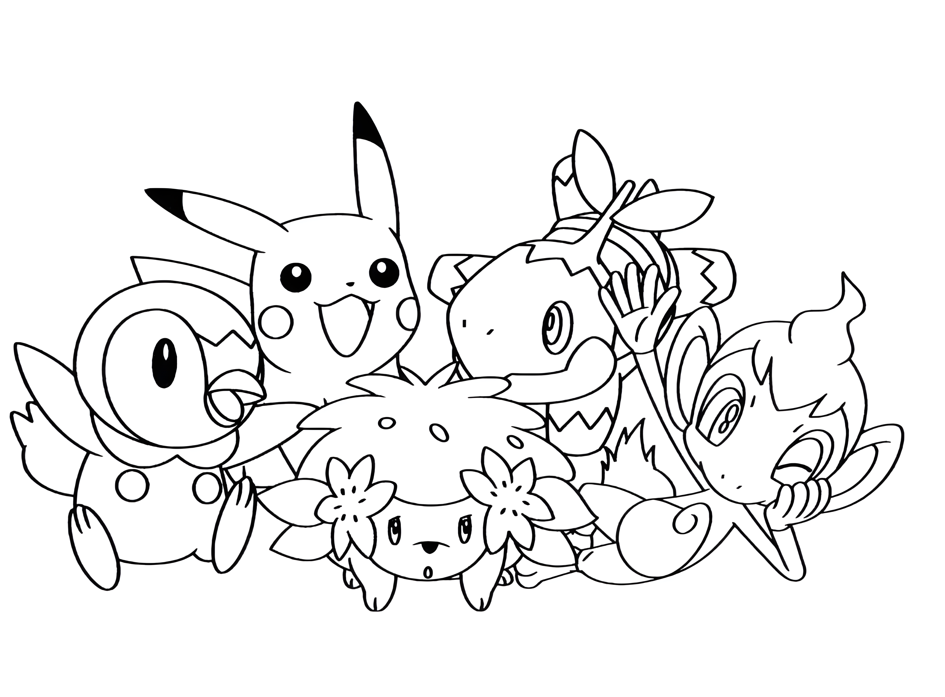 Tegning til farvelægning: Pikachu poserer med Treecko, Torchic, Mudkip og Chikorita